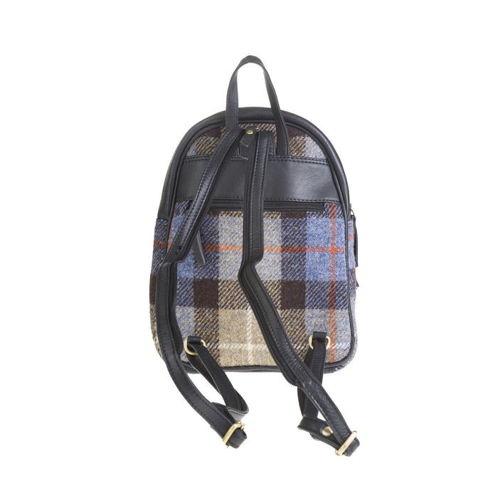 Ladies Ht Leather Zipped Backpack Blue & Brown Check / Black