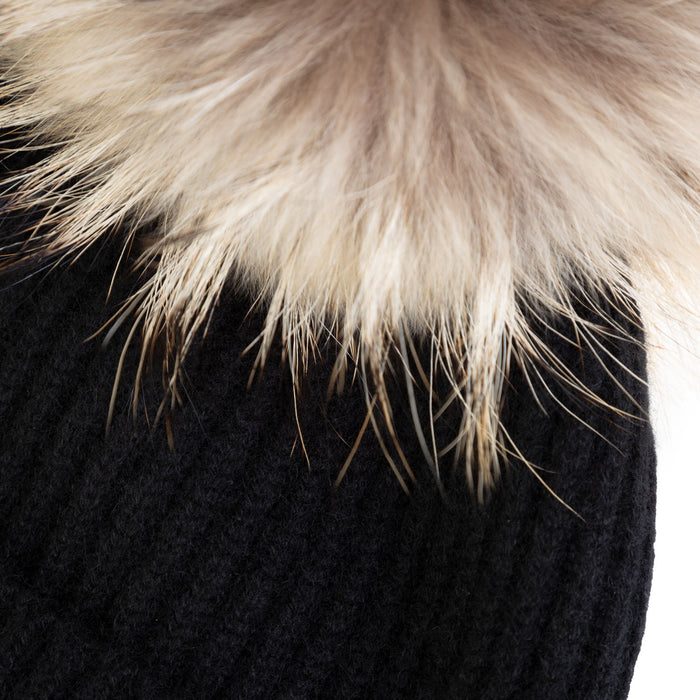 100% Cashmere Ladies Rib Hat With Pom Xl Black/Natural Pom