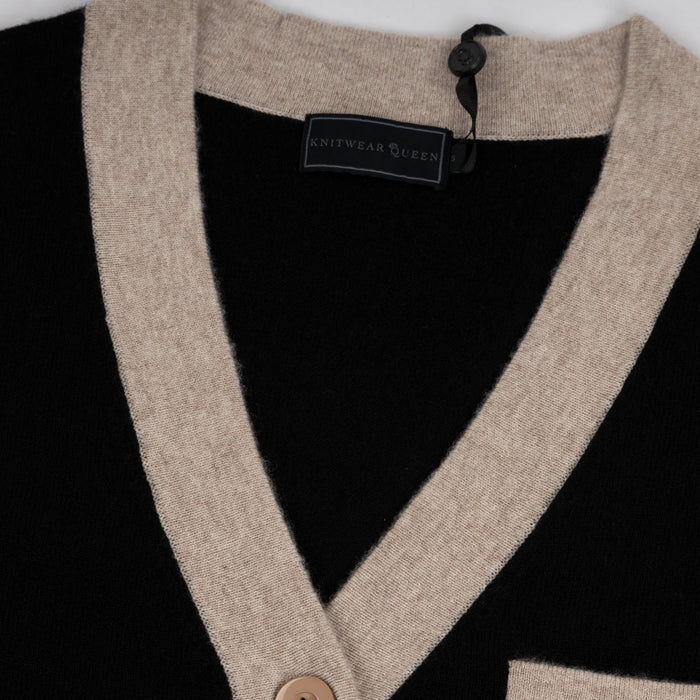 100% Cashmere Contrast Cardi Black/Cloud