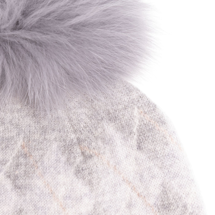 100% Luxury Cashmere Argyle Hat Rf Pom L Grey Grey