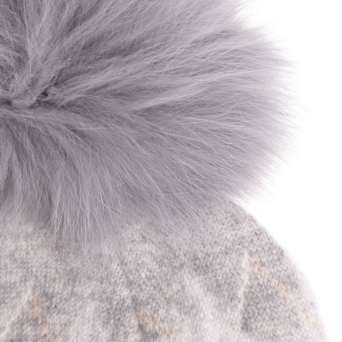 100% Luxury Cashmere Argyle Hat Rf Pom L Grey Grey