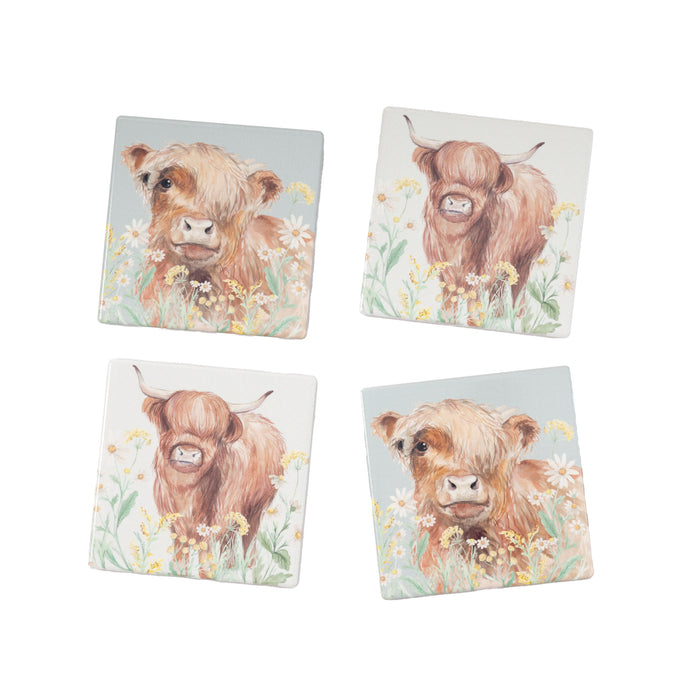 Highland Cow Floral Coaster Set Of 4