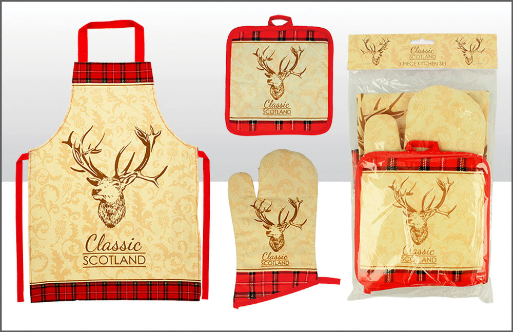 Scotland Stag Oven Mitt, Pot, Apron Set