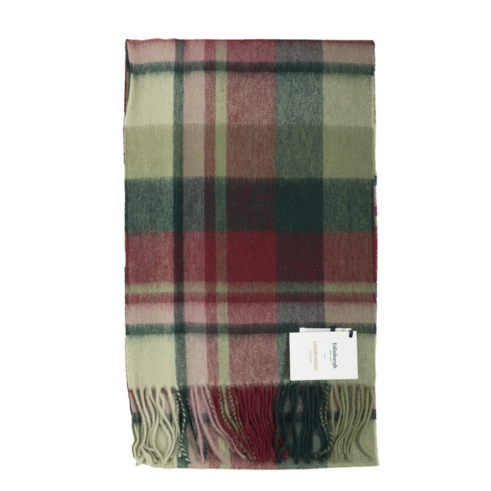 Edinburgh 100% Lambswool Tartan Scarf Myriad Check - Khaki/Bordeaux