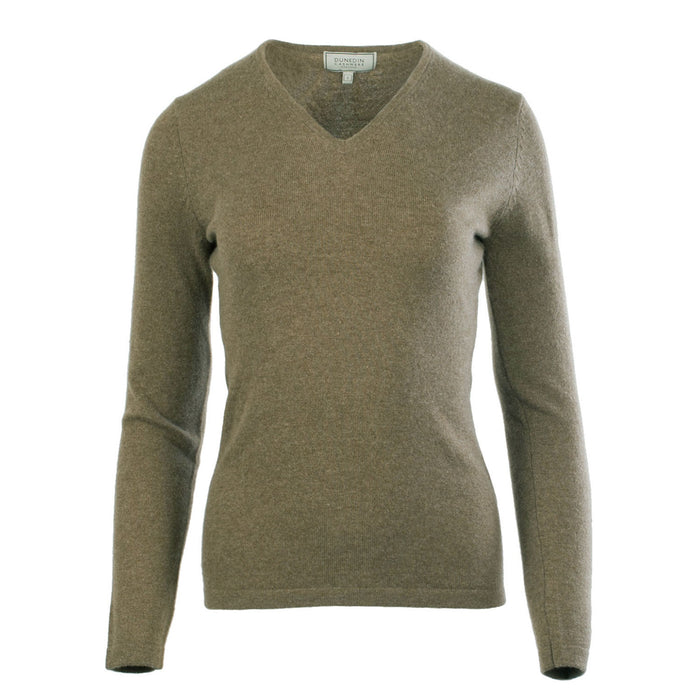 Women's 100% Cashmere V-Neck Jumper Dunedin Cashmere Olive