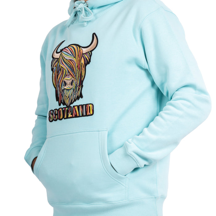 Colourful Highland Cow Embroidered Hood Aqua