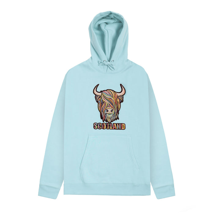 Colourful Highland Cow Embroidered Hood Aqua