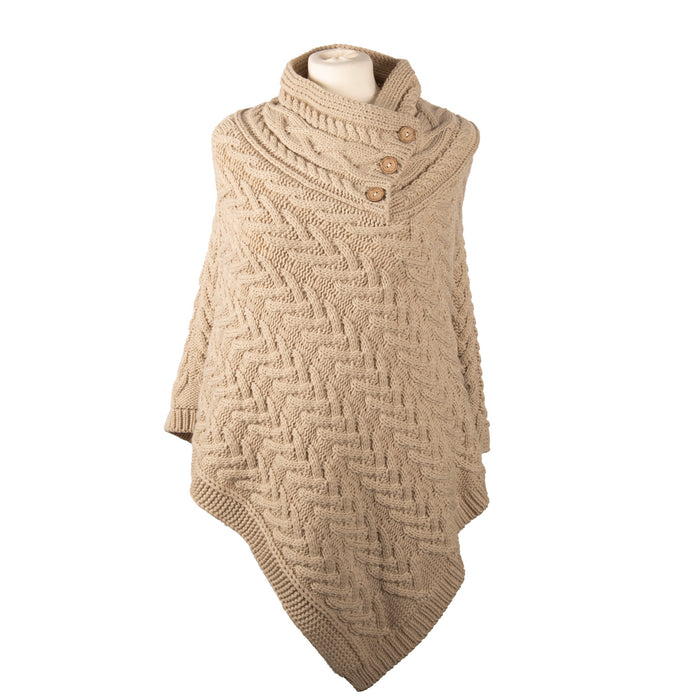 Aran Cable Button Shawl Neck Poncho