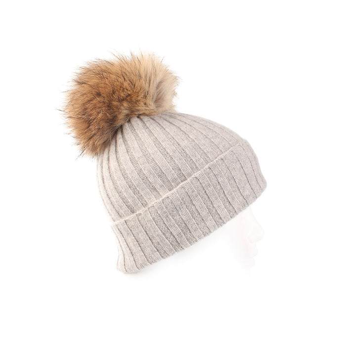 Women's Rib Cashmere Pom Pom Hat  Light Grey