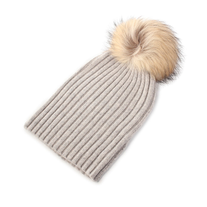 Women's Rib Cashmere Pom Pom Hat  Light Grey