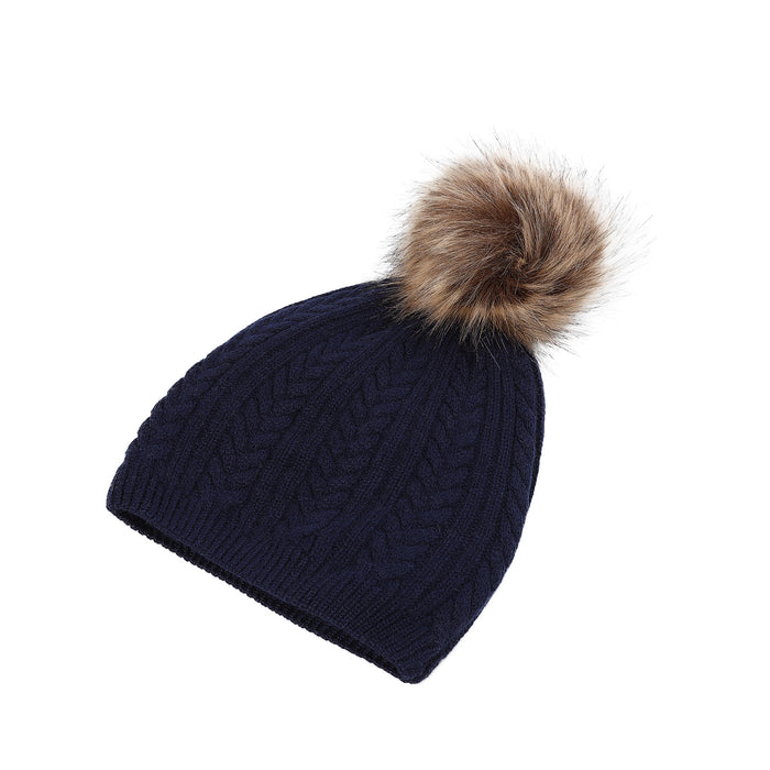 100% Cashmere Ladies Cable Rib Beanie Navy