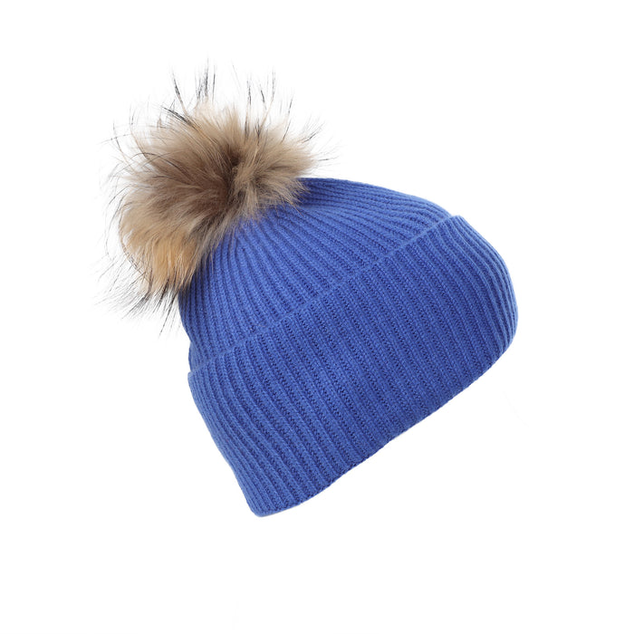 Luxury Rib Deep Turn Up Ladies Beaniepom Cornflower