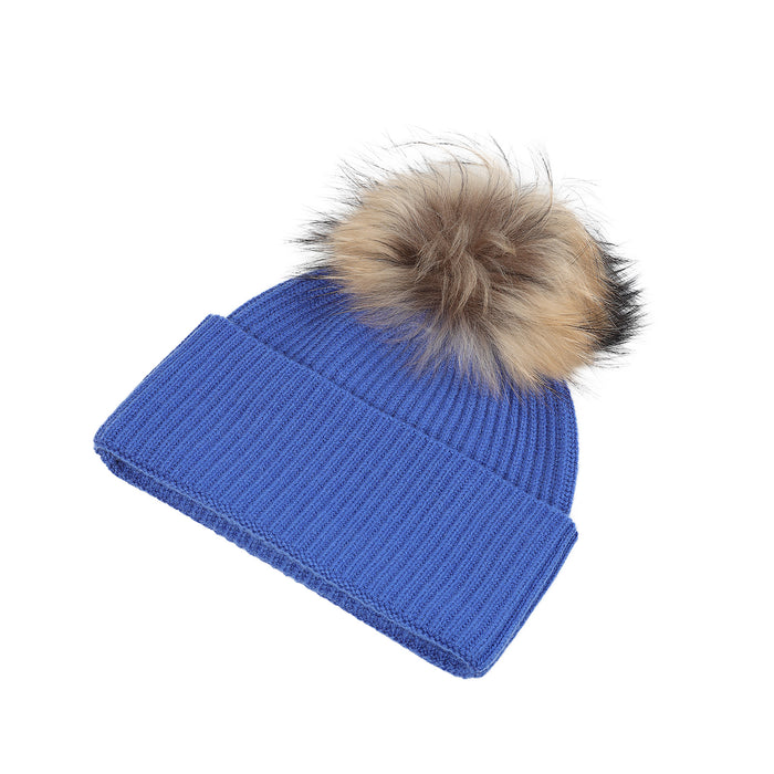 Luxury Rib Deep Turn Up Ladies Beaniepom Cornflower